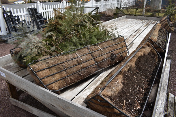 Wooden Stand w/ 6 Metal Planters. BUYER MUST REMOVE. 218x72x28.5. (greenhouse patio) - Image 3 of 5