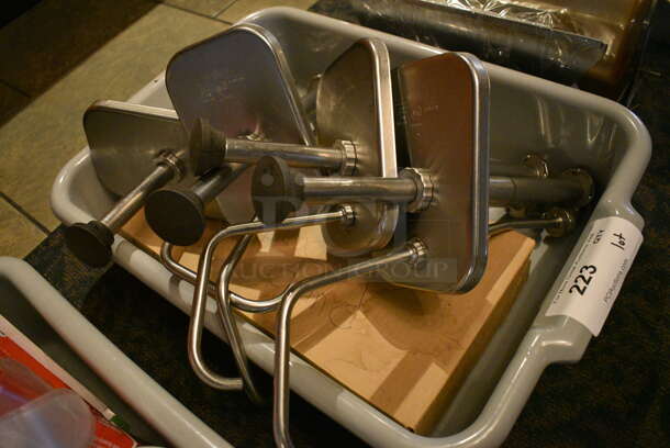 ALL ONE MONEY! Lot of 4 Stainless Steel Food Warmer Pump Lids in Gray Poly Bus Bin! 5x12x15 (buffet) - Image 2 of 4