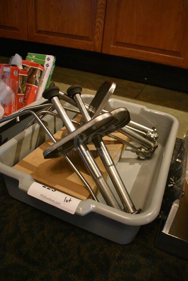 ALL ONE MONEY! Lot of 4 Stainless Steel Food Warmer Pump Lids in Gray Poly Bus Bin! 5x12x15 (buffet) - Image 3 of 4