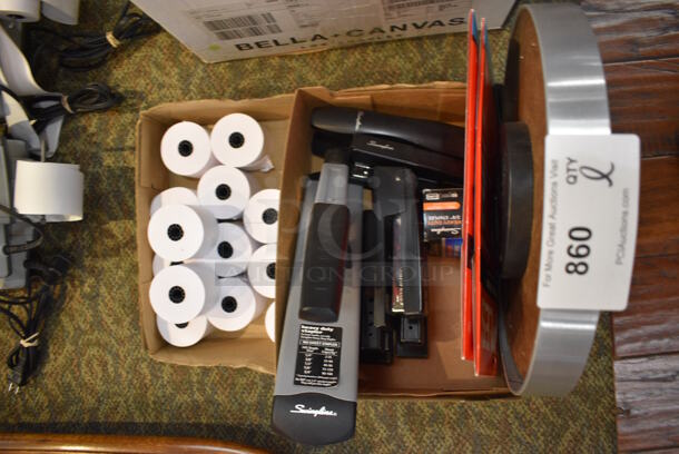 ALL ONE MONEY! Lot of Various Items Including Staplers, Clock and Receipt Paper Rolls! (gift shop)