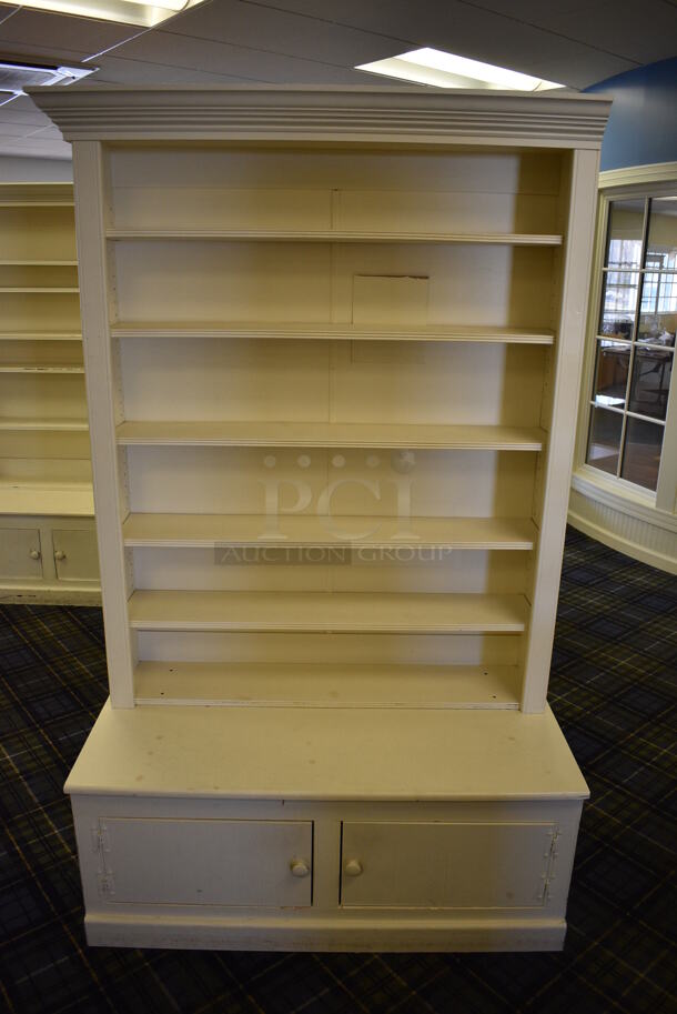 2 White Wooden Shelving Unit w/ 2 Doors. 47x23x78. 2 Times Your Bid! (blue retail store) - Image 3 of 4