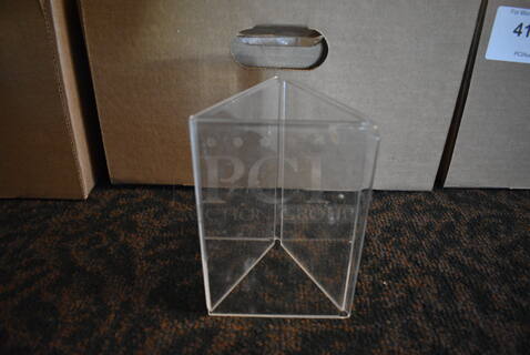 ALL ONE MONEY! Lot of 3 Boxes of Clear Poly Countertop Table Sign Holders! 4.5x4.5x6. (main dining room)
