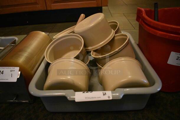 ALL ONE MONEY! Lot of 11 Tan Poly Bins in Gray Poly Bus Bin! 6.5x6.5x4. (buffet)