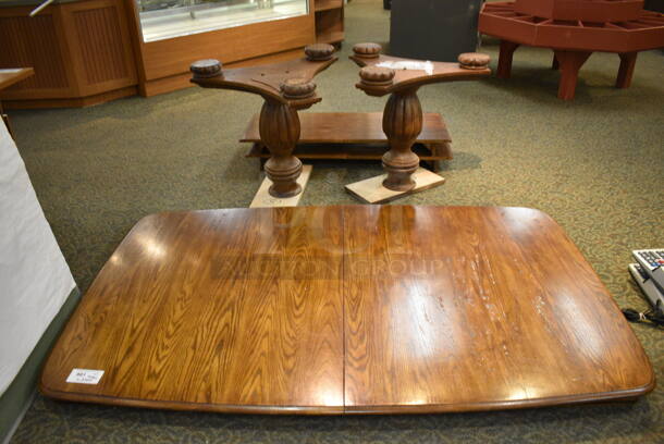 Wooden Tabletop, 2 Leaves and 2 Leg Bases. 75x46x4, 46x18x4, 28x28x28. (gift shop)