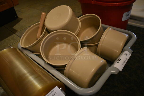 ALL ONE MONEY! Lot of 11 Tan Poly Bins in Gray Poly Bus Bin! 6.5x6.5x4. (buffet) - Image 2 of 3