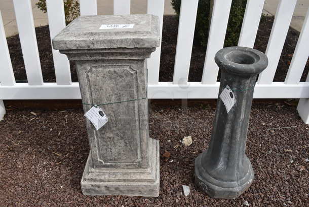 2 Various Stone Pedestals. 10x10x22, 11.5x11.5x26. 2 Times Your Bid! (greenhouse patio)