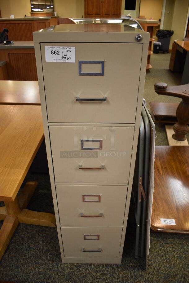ALL ONE MONEY! Lot of Tan Metal 4 Drawer Filing Cabinet and Easel. 15x25x52, 29x2x40. (gift shop) - Image 1 of 5