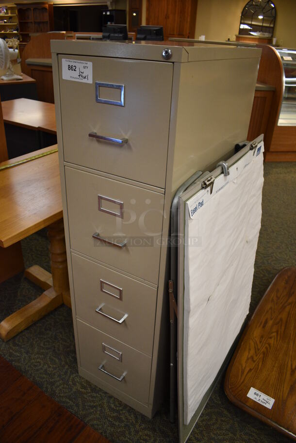 ALL ONE MONEY! Lot of Tan Metal 4 Drawer Filing Cabinet and Easel. 15x25x52, 29x2x40. (gift shop) - Image 2 of 5