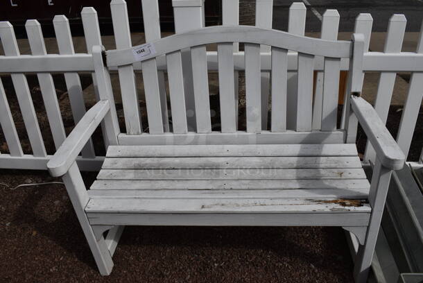 White Wooden Bench. 48x23x36. (greenhouse patio)