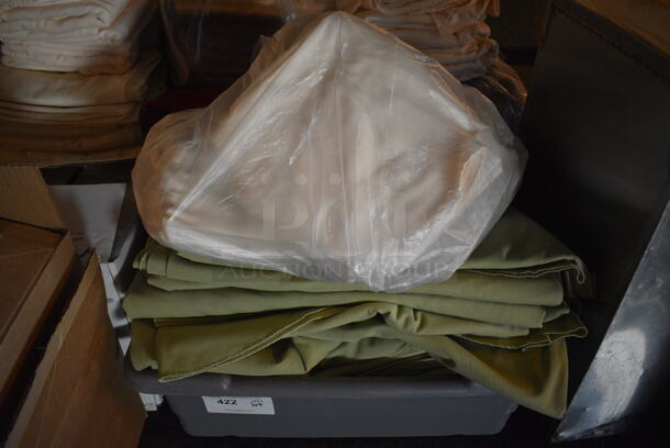 ALL ONE MONEY! Lot of Green and White Tablecloths in Gray Bin! 24x15x9. Includes 90x90 Round. (main dining room) 