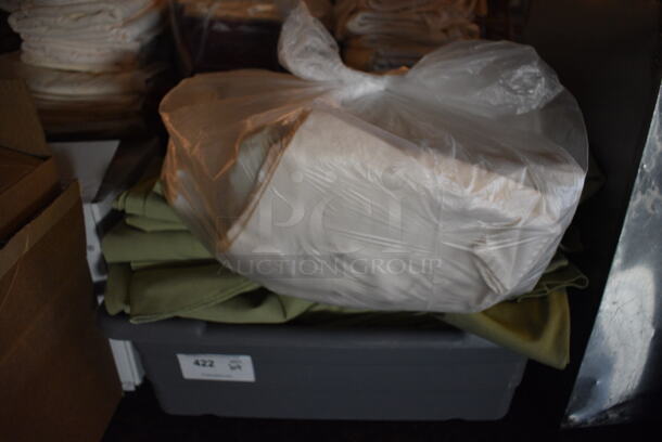 ALL ONE MONEY! Lot of Green and White Tablecloths in Gray Bin! 24x15x9. Includes 90x90 Round. (main dining room)  - Image 4 of 4