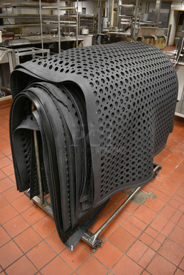 Metal Commercial Rack w/ 28 Black Anti Fatigue Floor Mats on Commercial Casters. 42x28x41 Cart. (kitchen)