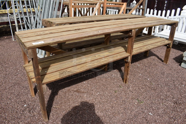 2 Wooden 2 Tier Stands. 110x25.5x36, 90x25.5x37. 2 Times Your Bid! (greenhouse patio)