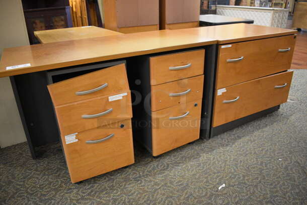 2 Various Wooden Units; Desk w/ 6 Drawers and 2 Drawer Filing Cabinet. 35.5x23.5x30, 48x23.5x30. 2 Times Your Bid! (gift shop)