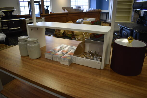 Wooden Table w/ Under Shelves and Contents. 48x31x67. (blue retail store) - Image 3 of 5