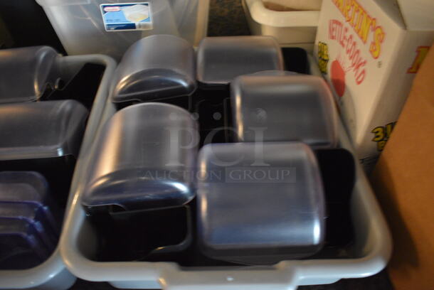 ALL ONE MONEY! Lot of 8 San Jamar Black Poly Bar Topping Rails w/ 3 Extra Drop Ins and 2 Gray Bus Bins! 9x6.5x7. (main dining room) - Image 4 of 5