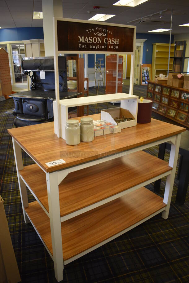 Wooden Table w/ Under Shelves and Contents. 48x31x67. (blue retail store) - Image 4 of 5