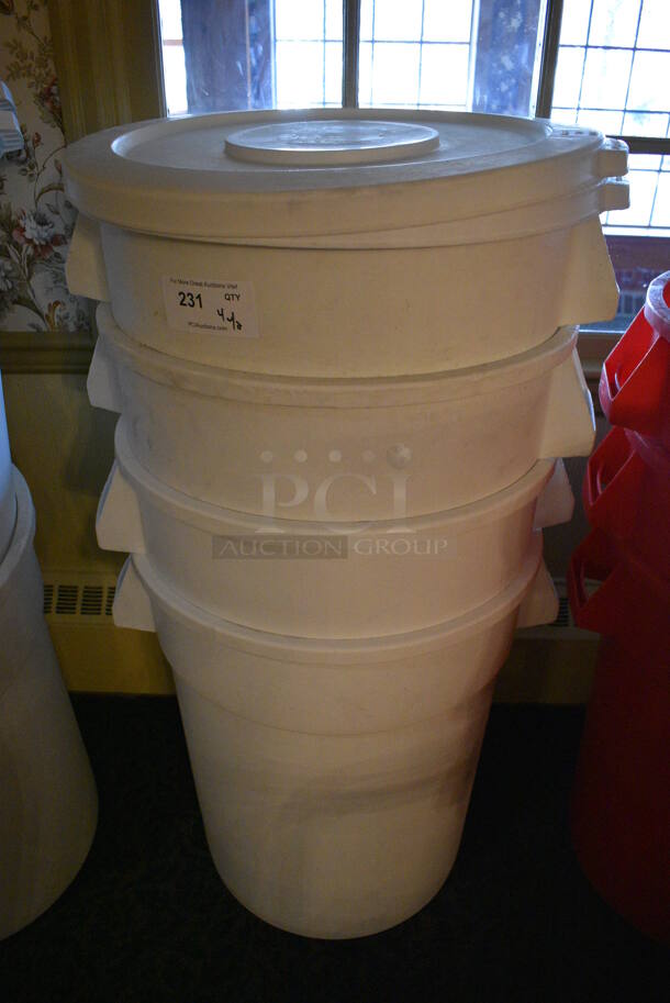 4 White Poly Trash Cans w/ 2 Lids. 26x22x27. 4 Times Your Bid! (buffet)