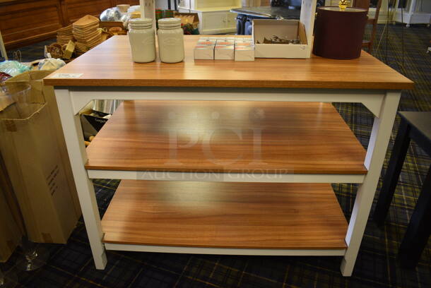 Wooden Table w/ Under Shelves and Contents. 48x31x67. (blue retail store) - Image 5 of 5