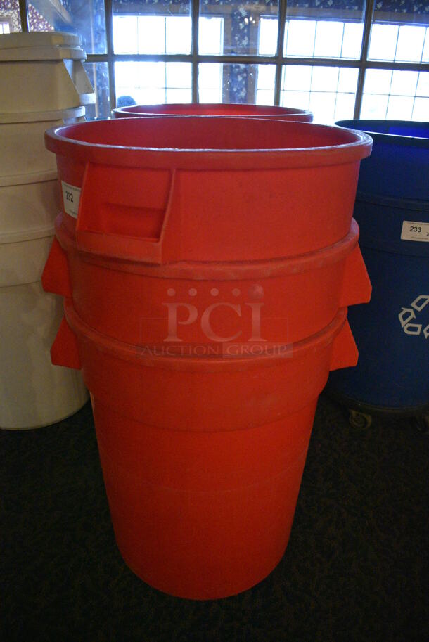 6 Red Poly Trash Cans. 26x22x27. 6 Times Your Bid! (buffet)