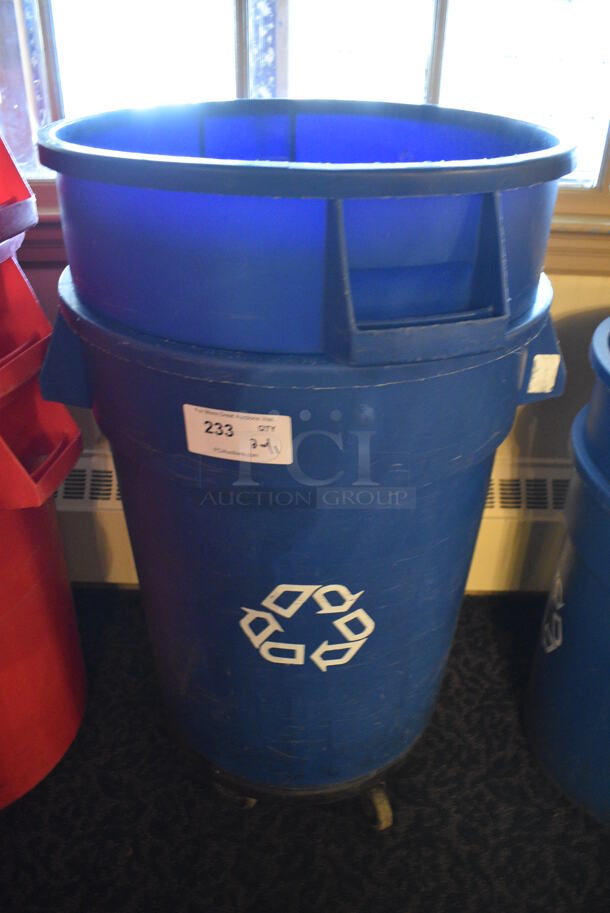 2 Blue Poly Trash / Recycling Cans w/ 1 Lid and 1 Dolly. 26x22x27. 2 Times Your Bid! (buffet)