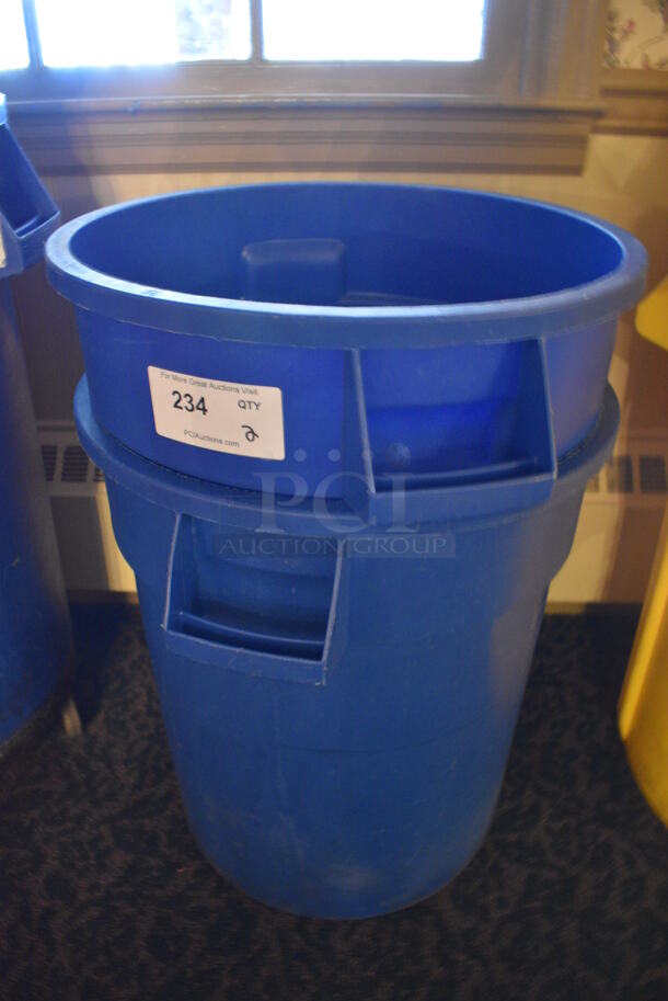 2 Blue Poly Trash / Recycling Cans. 22x19.5x22.5. 2 Times Your Bid! (buffet)