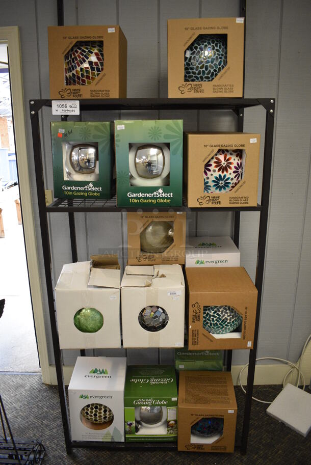 Black Metal 4 Tier Shelf w/ Various Gazing Globes. BUYER MUST REMOVE. 36x20x67. (garden center) - Image 1 of 6