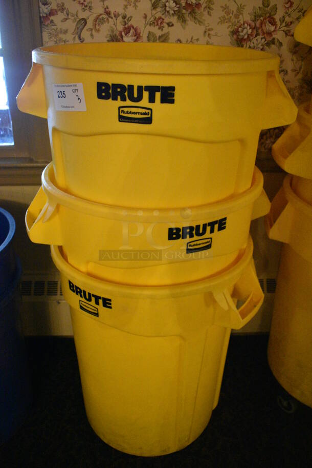 3 Rubbermaid Brute Yellow Poly Trash Cans. 26x22x28. 3 Times Your Bid! (buffet)