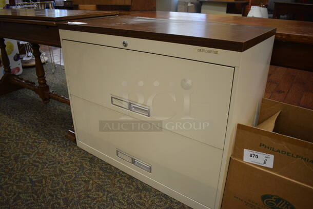 Metal Tan 2 Drawer Filing Cabinet w/ Wood Pattern Top. 36x18x29. (gift shop) - Image 2 of 4