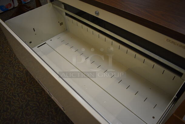 Metal Tan 2 Drawer Filing Cabinet w/ Wood Pattern Top. 36x18x29. (gift shop) - Image 3 of 4