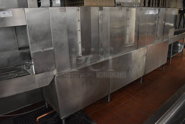 Hobart Model CPW124A Stainless Steel Commercial Conveyor Dishwasher. 208 Volts, 3 Phase. Goes GREAT w/ Lots 75 and 76! BUYER MUST REMOVE. Unit Was In Working Condition When Restaurant Closed. 164x32x90. (kitchen)