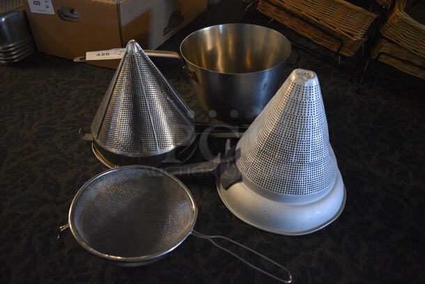 ALL ONE MONEY! Lot of 4 Various Metal Items' Sauce Pot, 2 China Cap Strainers and Strainer. Includes 20x10.5x6.5. (main dining room) - Image 1 of 2