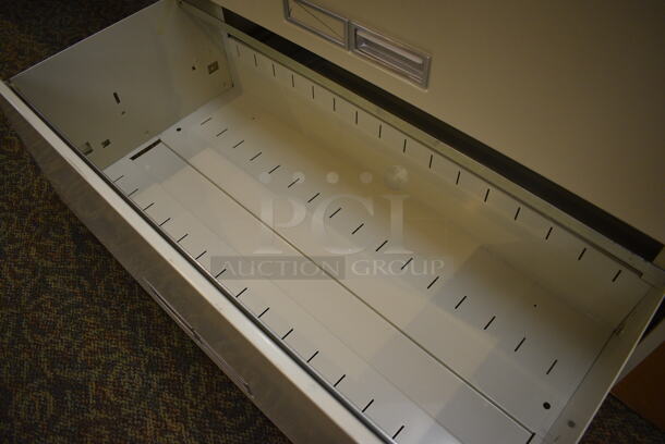 Metal Tan 2 Drawer Filing Cabinet w/ Wood Pattern Top. 36x18x29. (gift shop) - Image 4 of 4