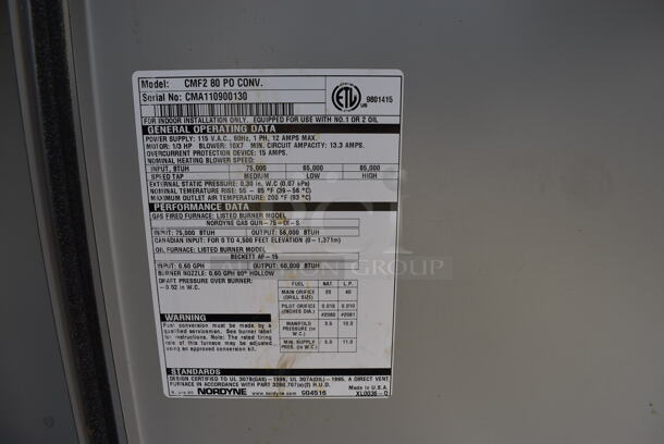 Miller Nordyne Model CMF2 80 PS CONV Metal Commercial Furnace. 57x18x24. (warehouse) - Image 7 of 7