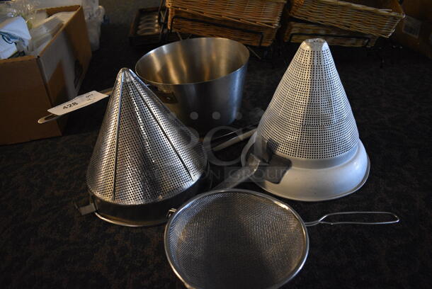 ALL ONE MONEY! Lot of 4 Various Metal Items' Sauce Pot, 2 China Cap Strainers and Strainer. Includes 20x10.5x6.5. (main dining room) - Image 2 of 2
