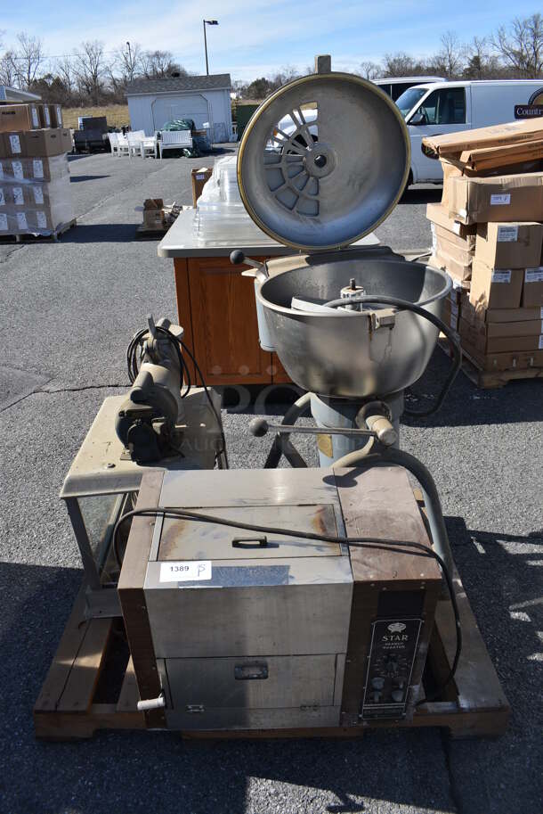ALL ONE MONEY! Pallet Lot of Various Items Including Hobart Model VCM Vertical Cutter Mixer, Star Peanut Roaster and Ice Shaver. Includes 23x26x10. (warehouse)