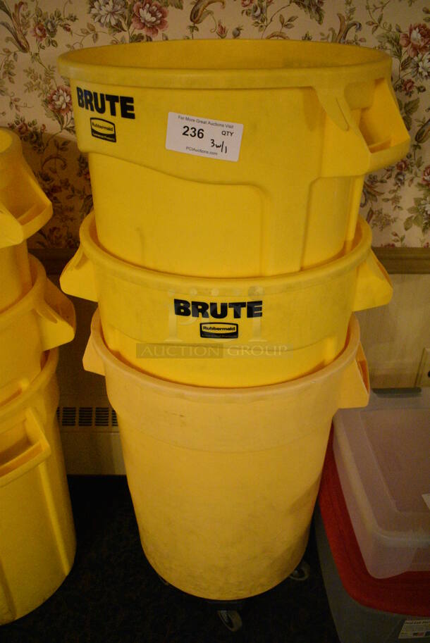 3 Rubbermaid Brute Yellow Poly Trash Cans on Dolly. 26x22x28. 3 Times Your Bid! (buffet)