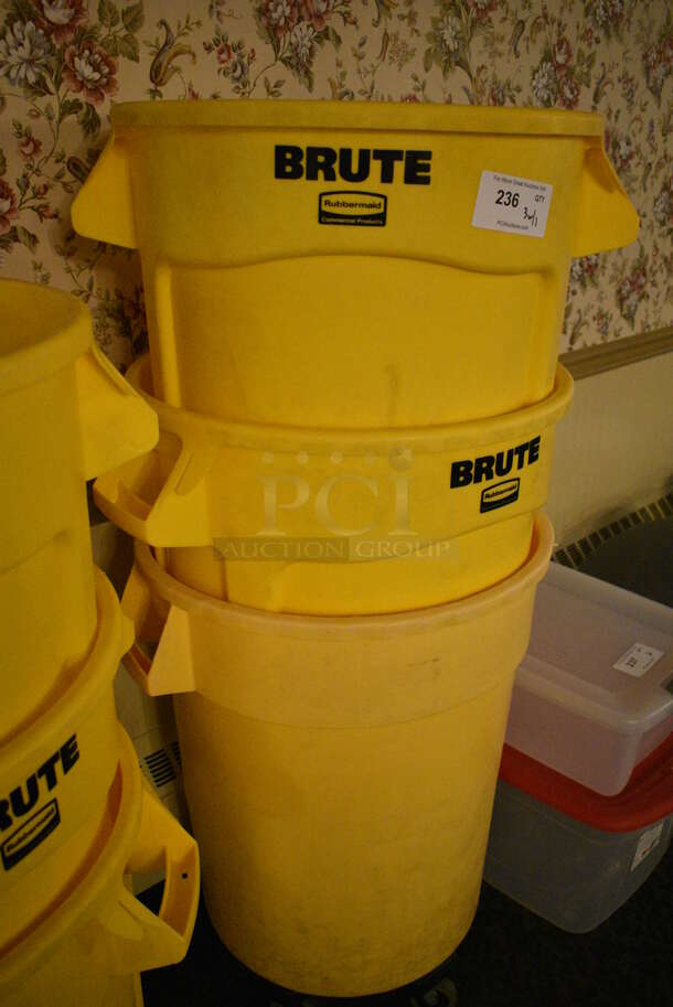 3 Rubbermaid Brute Yellow Poly Trash Cans on Dolly. 26x22x28. 3 Times Your Bid! (buffet) - Image 2 of 6