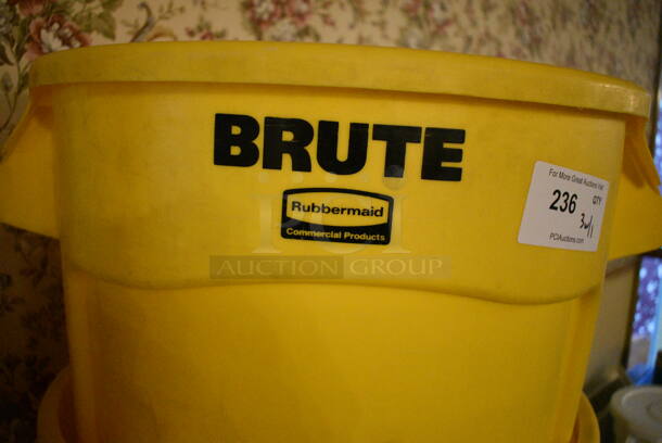 3 Rubbermaid Brute Yellow Poly Trash Cans on Dolly. 26x22x28. 3 Times Your Bid! (buffet) - Image 3 of 6