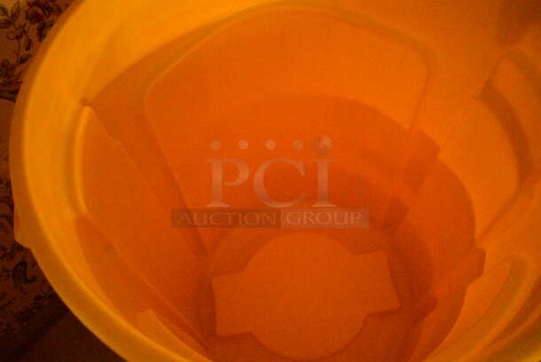 3 Rubbermaid Brute Yellow Poly Trash Cans on Dolly. 26x22x28. 3 Times Your Bid! (buffet) - Image 4 of 6