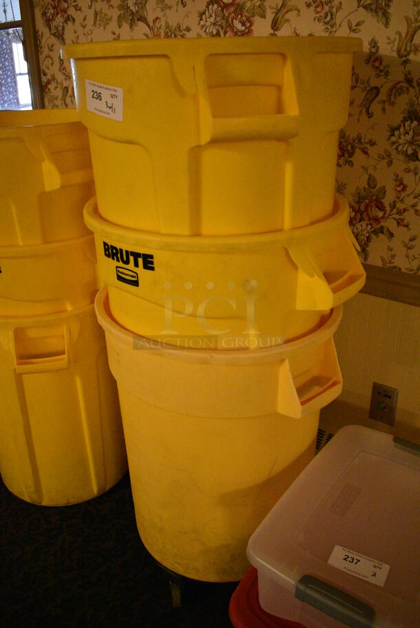 3 Rubbermaid Brute Yellow Poly Trash Cans on Dolly. 26x22x28. 3 Times Your Bid! (buffet) - Image 5 of 6