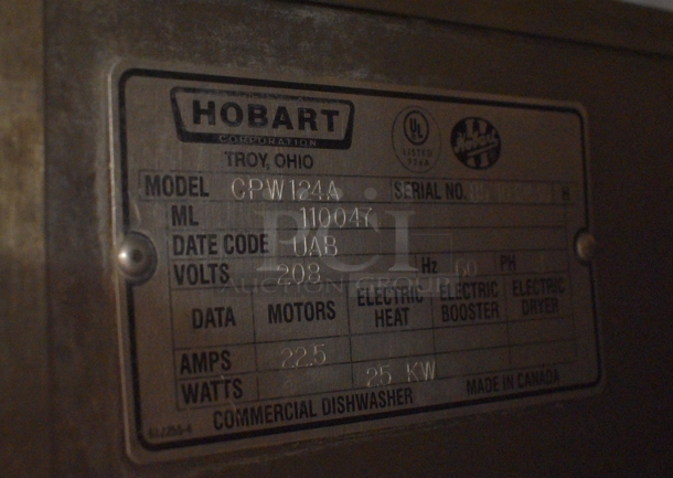 Hobart Model CPW124A Stainless Steel Commercial Conveyor Dishwasher. 208 Volts, 3 Phase. Goes GREAT w/ Lots 75 and 76! BUYER MUST REMOVE. Unit Was In Working Condition When Restaurant Closed. 164x32x90. (kitchen) - Image 8 of 8