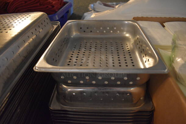 10 Stainless Steel 1/2 Size Perforated Drop In Bins. 1/2x2. 10 Times Your Bid! (main dining room)