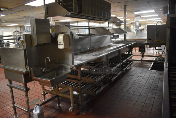 Stainless Steel Commercial Dirty Side Dish Table w/ Sink Basin, Over Shelf and Under Shelves. Does Not Include Caddies. Goes GREAT w/ Lots 74 and 76! BUYER MUST REMOVE. 120x248x93. (kitchen)