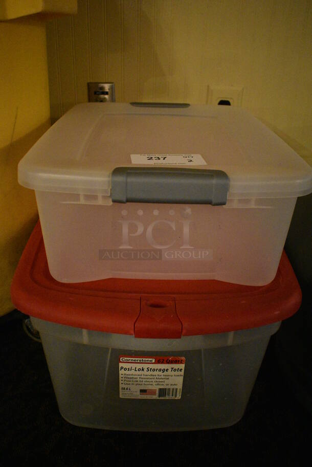 ALL ONE MONEY! Lot of 2 Poly Bins! Clear and Clear w/ Red Lid! Includes 16.5x24x12.5. (buffet)