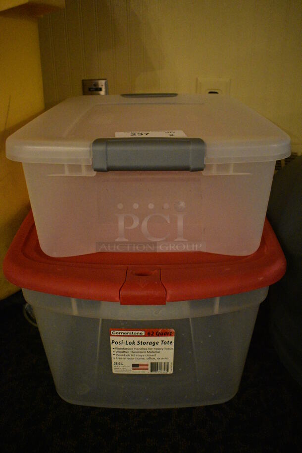 ALL ONE MONEY! Lot of 2 Poly Bins! Clear and Clear w/ Red Lid! Includes 16.5x24x12.5. (buffet) - Image 2 of 3