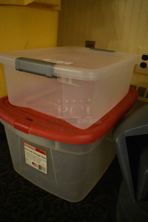 ALL ONE MONEY! Lot of 2 Poly Bins! Clear and Clear w/ Red Lid! Includes 16.5x24x12.5. (buffet) - Image 3 of 3