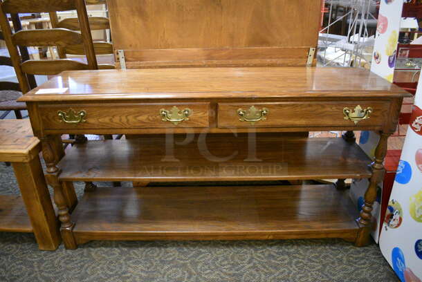 Wooden Table w/ 2 Drawers and 2 Under Shelves. 52x15x27. (gift shop) - Image 1 of 5
