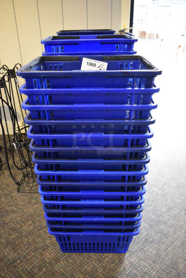ALL ONE MONEY! Lot of 62 Blue Poly Shopping Baskets! 17x12x9. (garden center)