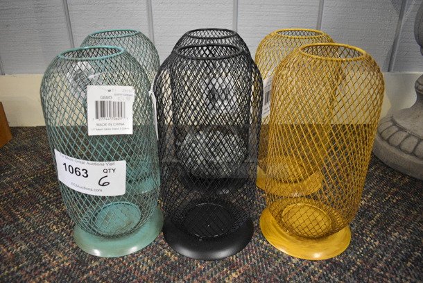 6 Metal Cages; 2 Blue, 2 Black and 2 Yellow. 5.5x5.5x11. 6 Times Your Bid! (garden center)